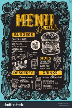 the menu for a burger restaurant on a chalkboard with hand drawn food and drinks