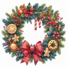 a wreath with christmas decorations and candy canes on it's side, painted in watercolor