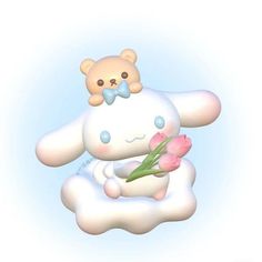 a teddy bear sitting on top of a cloud holding flowers