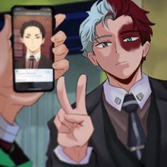 an anime character holding up his cell phone to take a selfie with another person