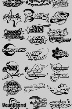 a bunch of different types of logos on a gray background with black and white lettering