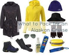 what to pack for an alaska cruise with hiking gear and accessories, including raincoats, gloves, hats, sunglasses, sun glasses