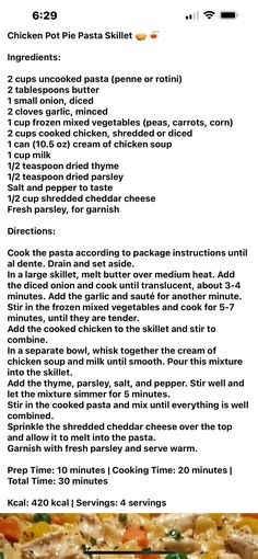 the recipe for chicken pot pie skillet is shown in this screenshot, with instructions on how to cook it