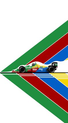 a race car driving on a track with the colors of the rainbow and green, yellow, red, blue, and white