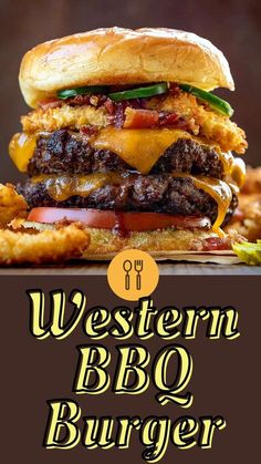 the western bbq burger has been made with beef, cheese and bacon on it