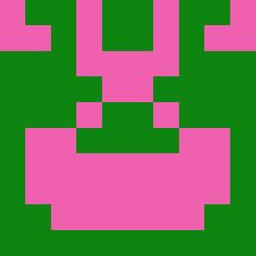 an old school computer game character with pink and green squares on the face, in front of a dark green background