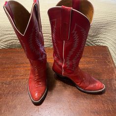 These Handmade Boots By Jimmy Ayers Of Estancia Nm (As Shown Inside The Boots) Are Made Of Either Alligator Or Lizard (Can’t Remember Which). They Are In Very Good Condition But Have Been Worn Several Times. I Bought Them Approximately 5-7 Years Ago. Red Snip Toe Boots With Reinforced Heel, Red Alligator Boots, Fitted Red Vintage Boots, Burgundy Crocodile Boots, Red Leather Snip Toe Mid-calf Boots, Handmade Boot, Red Boots, Handmade Shoes, Shoes Heels Boots