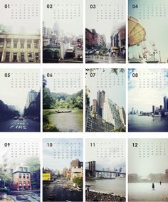 a series of photographs showing the different buildings and people in the city, from 2012 to present as wall calendars