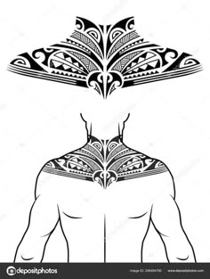 the back of a man's head with an intricate tattoo design on his chest