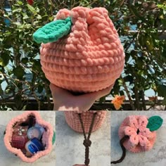 there is a crocheted bag with two flowers on it and three other items