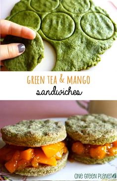 green tea and mango sandwiches with oranges on them are the perfect breakfast for two