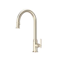 the kitchen faucet is shown in stainless steel with an angled spout and side spray