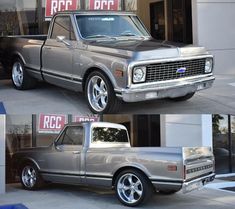 two pictures of the same truck parked in front of a building