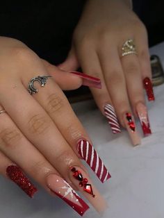 Multicolor  Collar    Color Nails Embellished   Beauty Tools Stiletto Shaped Nails, Fake Acrylic Nails, Nail Tip Designs, Nagel Tips, Coffin Press On Nails, Christmas Nail Art Designs, Christmas Nails Acrylic, Festival Nails, Nailed It