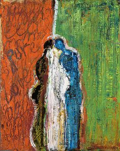 an abstract painting of two people standing next to each other in front of a green and orange wall