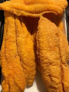 two pieces of fried food sitting on top of a table