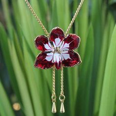 Gold plated natural orchid lariat necklace, 'Scarlet Dancer' - Gold Plated Natural Orchid Necklace from Thailand Orchid Necklace, Gold Orchid, Hand Crafted Gifts, Leaf Necklace, Lariat Necklace, Jewelry Packaging, Brass Chain, Flower Jewellery, Flower Necklace