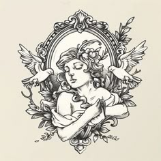 an ink drawing of a woman with two birds on her shoulder and arms around her neck