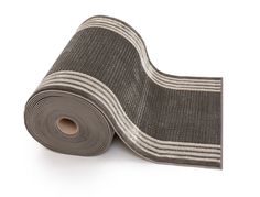 a roll of gray fabric with white stripes