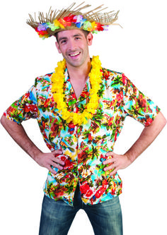 a man wearing a hawaiian shirt and flower lei standing with his hands on his hips