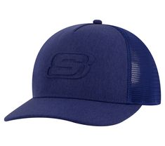 the blue trucker hat with embroidered logo on the front and side panel, is shown