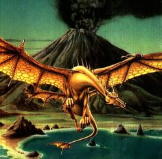 Sorrel's Dragons: another gold dragon, this time from a cover from Anne McCaffrey's Dragonsdawn. Why do dragons and volcanoes go together so often? Dragonriders Of Pern, Greek Monsters, Anne Mccaffrey, Yellow Dragon, Neverending Story, Dragon's Lair, Alien Tattoo, Legends And Myths