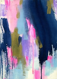 an abstract painting with blue, pink, and yellow paint strokes on it's surface