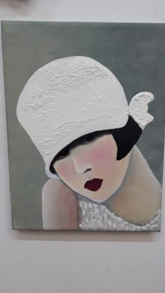 a painting of a woman with a white hat on it's head and red lips