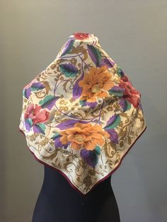 "Fabulous Oscar de la Renta scarf in gold, magenta, purple and green colorway floral pattern on a beige background with a magenta border and gold embossing. The scarf measures 31\" x 30\". Signed with the Oscar de la Renta signature. 100% silk. In very good condition. The tag is loose. FREE SHIPPING EVERYWHERE Prices are listed for Canada and USA only but if you wish to have them shipped elsewhere, please message me the shipping address and I will gladly send you a quote. We proudly reuse shippi Vintage Cream Silk Scarf, Pink Vintage Silk Scarves, Vintage Silk Scarf With Floral Print, Vintage Multicolor Silk Scarf For Formal Occasions, Multicolor Vintage Silk Scarf For Formal Occasions, Gold Bohemian Silk Scarves, Gold Silk Bohemian Scarf, Gold Silk Bohemian Scarves, Vintage Gold Scarf For Formal Occasions