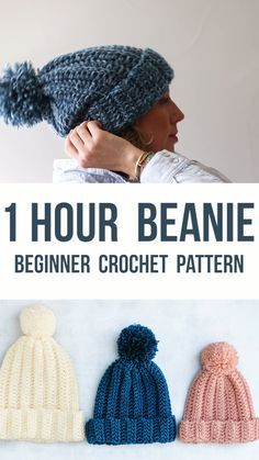 three knitted beanies with text overlay that reads, 1 hour beanie beginner crochet pattern