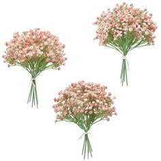 three bouquets of pink flowers on a white background