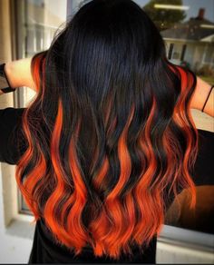 Black Hair With Orange Highlights, Black And Copper Hair, Black And Orange Hair, Halloween Hair Dye, Orange Ombre Hair, Hairstyles Halloween