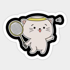 a white cat holding a tennis racquet on top of it's head