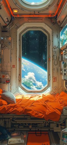 an artist's rendering of a space station with a view of earth through the window