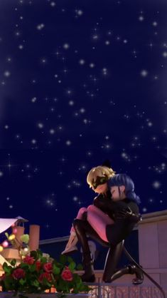 a man and woman sitting on top of a roof at night with stars in the sky