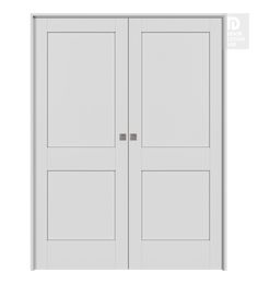 the front and side view of a white double door with two panels on each side