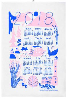 a pink and blue calendar on a white wall