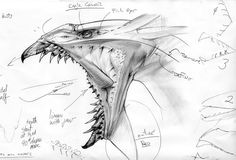 a drawing of a dragon's head with its mouth open and parts labeled on it