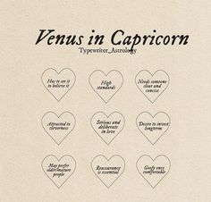 seven heart shapes with captions in black ink on a beige paper background that says capricon venus