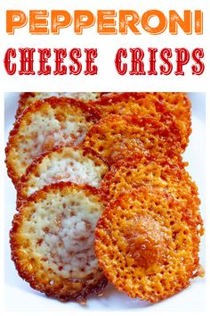 cheese crispes on a white plate with text overlay that reads pepperoni cheese crispes