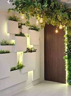 an indoor planter with plants growing on it and lights hanging from the ceiling above