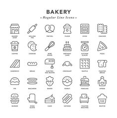 the bakery line icons are included in this set, including breads and pastries