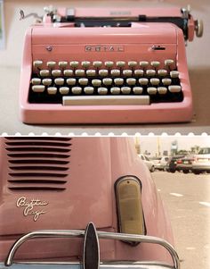 an old fashioned pink typewriter sitting on top of a table next to another vintage typewriter