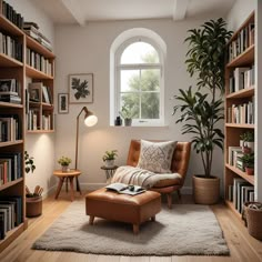 a living room filled with lots of books and furniture next to a large potted plant