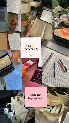 a collage of photos with notebooks, books, and laptops on them