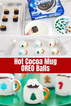 hot cocoa mug oreo balls are being made with marshmallows and chocolate