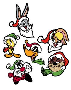 several cartoon animals with hats and scarves on their heads, all in different colors