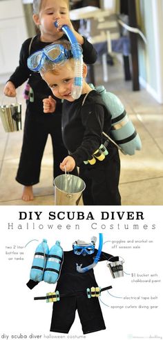 two young boys wearing scuba gear and swimming goggles, with the caption diy scuba diver halloween costumes