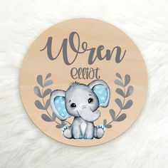 Elephant Boy Custom Name Wood Round Easy Basic Creations Baby Birth Announcements, Baby Door Hangers, Wooden Circle, Pregnancy Announcements, Baby Birth Announcement, Baby Name Signs, Childrens Room Decor, Baby Birth, Grand Entrance