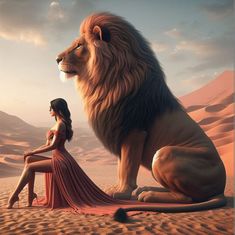 a woman sitting next to a lion in the desert